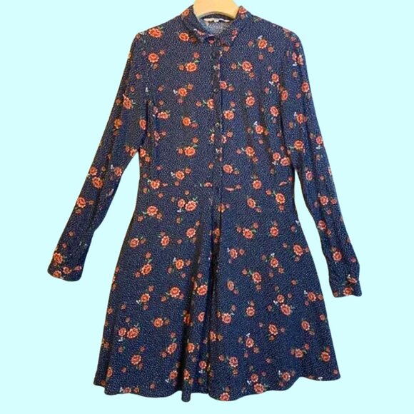 Dark Navy Blue & Red Roses Polka Dot Print Shirt Dress Size 40 - Picture 1 of 7